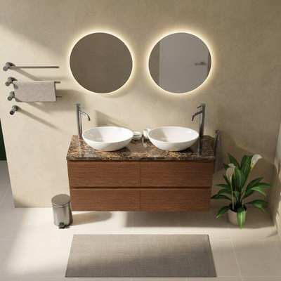 Saniclass Holz Pure Ensemble de meubles de salle de bains - 140x45x63cm - Plan de travail en pierre naturelle Noche dark emperador - 2 trous de robinet - 4 tiroirs - walnut pure mat (bois)