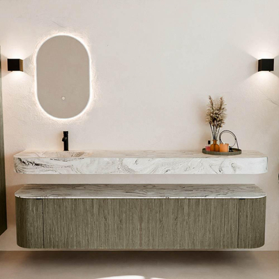 MONDIAZ THOR-DLUX 200cm meuble de salle de bains arrondi gauche + droite couleur Shadow avec 2 tiroirs et 2 portes. Vasque suspendue CLOUD Gauche 1 trou de robinet couleur Glace.