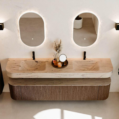 MONDIAZ THOR-DLUX 200cm meuble de salle de bains arrondi gauche + droite couleur Walnut avec 2 tiroirs et 2 portes. Vasque suspendue CLOUD Double 2 trous de robinet couleur Arena.