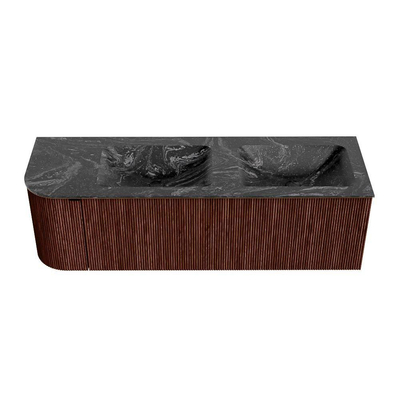 Mondiaz KURVE-DLUX Ensemble meuble de salle de bains - 145x46x40cm - 1 tiroir - 1 porte - vasque solid surface - double / droite - 2 trous de robinet - Ruby