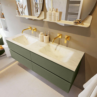 Mondiaz VICA-DLUX ensemble de meuble de salle de bain - 150cm - meuble sous-vasque armée - 4 tiroirs - lavabo encastré nuage double - sans trous de robinet - version haute de 60cm - opalo