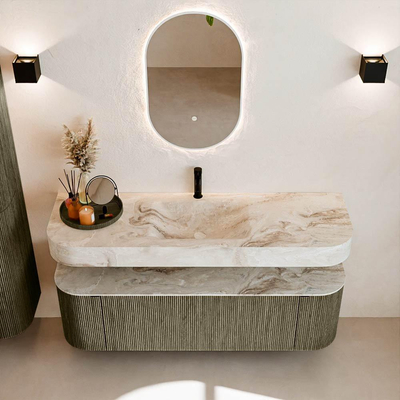 MONDIAZ THOR-DLUX 150cm meuble de salle de bains arrondi gauche + droite couleur Shadow avec 1 tiroir et 2 portes. Vasque suspendue CLOUD Milieu 1 trou de robinet couleur Frappe.