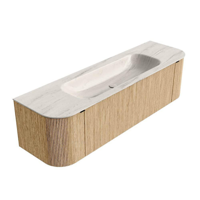 MONDIAZ KURVE-DLUX 160cm badmeubel ronding Links + Rechts kleur Oak met 1 lade en 2 deuren. Wastafel BIG MEDIUM Midden 1 kraangat Meli.