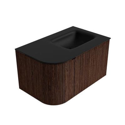 MONDIAZ KURVE 75cm Meuble salle de bain avec module 25 G - couleur Walnut - 1 tiroir - 1 porte - vasque GRUNNE droite - 1 trou de robinet - Urban