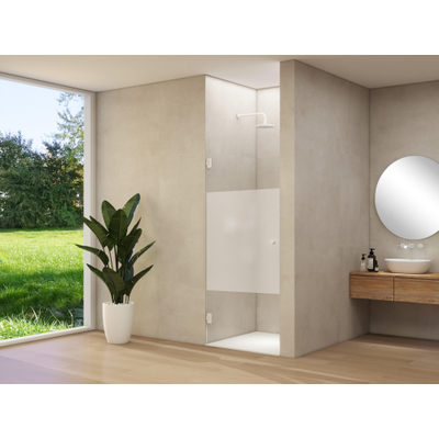 Van Rijn Products ST01 paroi fixe - 30x200cm - verre clair avec bande satinée - - épaisseur 8mm - barre de stabilisation - profil mural - Blanc