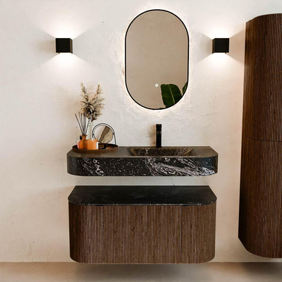 MONDIAZ THOR-DLUX 100cm badmeubel ronding links + rechts kleur Walnut met 1 lade en 2 deuren. Vrijhangende wastafel CLOUD Rechts 1 kraangat kleur Lava.