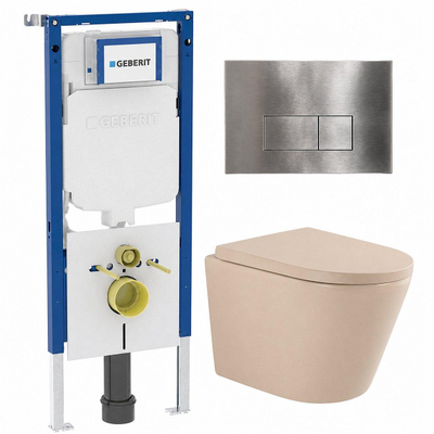 QeramiQ Dely Toiletset - 36.3x51.7cm - diepspoel - rimless - Geberit UP720 inbouwreservoir - softclose toilet zitting - 35mm - steel bedieningsplaat - rechthoekige knoppen - mat beige