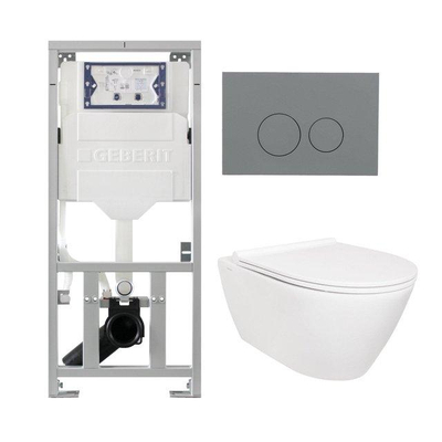 QeramiQ Salina Toiletset - rimless - Geberit inbouwreservoir - diepspoel wandcloset - softclose - quickrelease - bedieningsplaat licht grijs - ronde knoppen - wit