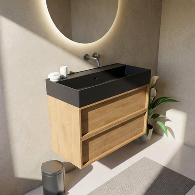 Saniclass Holz Frame Ensemble de meubles de salle de bains - 100x45x72cm - Plan vasque Legend en céramique noir mat - 1 vasque - sans trou de robinet - 2 tiroirs - chêne natural mat (bois)