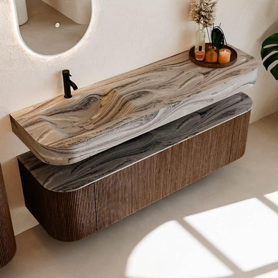 MONDIAZ THOR-DLUX Meuble de salle de bains 160cm arrondi gauche + droite couleur Walnut avec 1 tiroir et 2 portes. Vasque suspendue CLOUD Gauche 1 trou de robinet couleur Sombra.