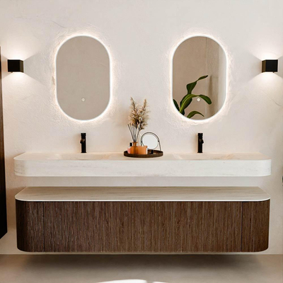 MONDIAZ THOR-DLUX Meuble de salle de bains - 200cm - arrondi gauche + droite - couleur Walnut - 2 tiroirs et 2 portes - Vasque suspendue CLOUD Double 2 trous de robinet - couleur Meli