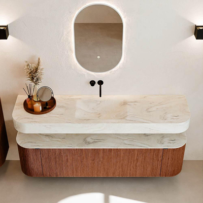 MONDIAZ THOR-DLUX Meuble de salle de bains - 170cm - arrondi gauche + droite - couleur Ruby - 1 tiroir - 2 portes - Vasque suspendue CLOUD Milieu sans trou de robinet - couleur Ostra