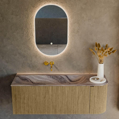 MONDIAZ KURVE-DLUX Meuble de salle de bains 125cm arrondi à droite couleur Dusk avec 1 tiroir et 1 porte. Lavabo BIG MEDIUM à gauche sans trou de robinet Sombra.