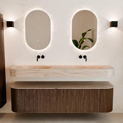 MONDIAZ THOR-DLUX 170cm meuble de salle de bains arrondi gauche + droite couleur Walnut avec 1 tiroir et 2 portes. Vasque suspendue CLOUD Double sans trou de robinet couleur Saba.