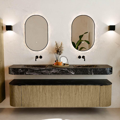 MONDIAZ THOR-DLUX 190cm meuble de salle de bains arrondi gauche + droite couleur Dusk avec 2 tiroirs et 2 portes. Vasque suspendue CLOUD Double sans trou de robinet couleur Lava.