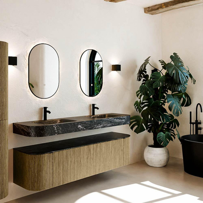 MONDIAZ THOR-DLUX 170cm meuble de salle de bains arrondi gauche + droite couleur Dusk avec 1 tiroir et 2 portes. Vasque suspendue CLOUD Double 2 trous de robinet couleur Lava.