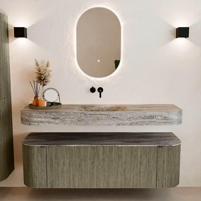 MONDIAZ THOR-DLUX 150cm meuble de salle de bains arrondi gauche + droite couleur Shadow avec 1 tiroir et 2 portes. Vasque suspendue CLOUD Centre sans trou de robinet couleur Oza.