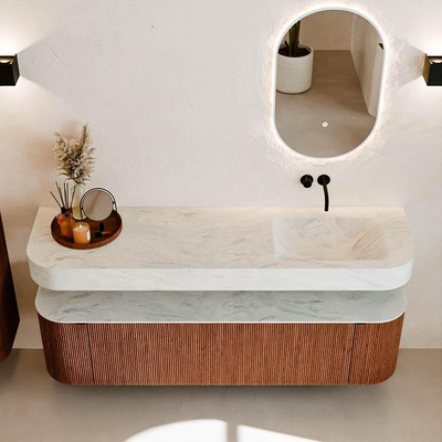 MONDIAZ THOR-DLUX Meuble de salle de bains - 170cm - arrondi gauche + droite - couleur Ruby - 1 tiroir - 2 portes - Vasque suspendue CLOUD Droite sans trou de robinet - couleur Opalo