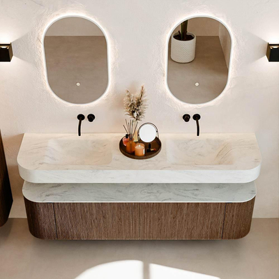 MONDIAZ THOR-DLUX 180cm badmeubel ronding links + rechts kleur Walnut met 2 lades en 2 deuren. Vrijhangende wastafel CLOUD Dubbel zonder kraangat kleur Opalo.