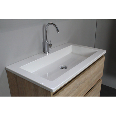 Basic Bella Meuble salle de bains avec lavabo acrylique Blanc 80x55x46cm 1 trou de robinet avec miroir et éclairage Chêne