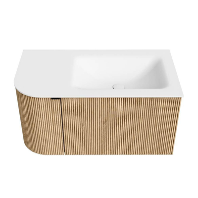MONDIAZ KURVE Meuble de salle de bains 85 cm avec module 25 L couleur Oak avec 1 tiroir et 1 porte. Lavabo CLOUD à droite sans trou de robinet Talc.