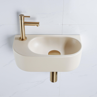 QeramiQ Fuente fonteinset – halfrond – 40x21.5x12 cm – keramiek beige – kraangat links – geborsteld gouden kraan