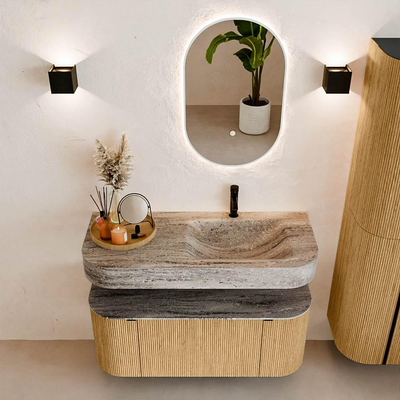 MONDIAZ THOR-DLUX 110cm badmeubel ronding links + rechts kleur Oak met 1 lade en 2 deuren. Vrijhangende wastafel CLOUD Rechts 1 kraangat kleur Oza.