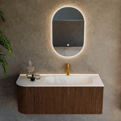 MONDIAZ KURVE Meuble de salle de bains 115 cm avec module 25 L couleur Walnut avec 1 tiroir et 1 porte. Lavabo BIG SMALL à droite 1 trou de robinet Talc.
