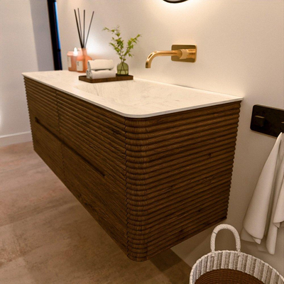 Mondiaz CIRO-DLUX Badkamermeubelset - 130x45x50cm - Solid surface wastafel Opalo - 1 wasbak Rechts - zonder kraangaten - 4 lades - Dusk