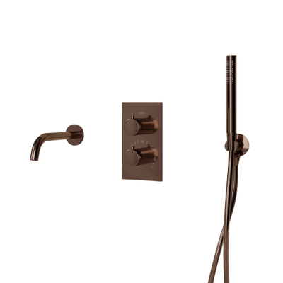 Fortifura Calvi Robinet de baignoire - bec 22cm à raccourcir - flexible - douchette stick - partie encastrable - support mural - Cuivre brossé