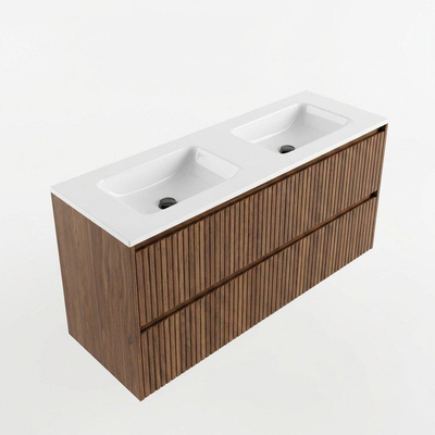 Saniclass Holz Atelier Ensemble meuble de salle de bains - 140x45x77.5cm - lavabo Torino en solid surface blanc - sans trou de robinet - 4 tiroirs - walnut pure mat (bois)