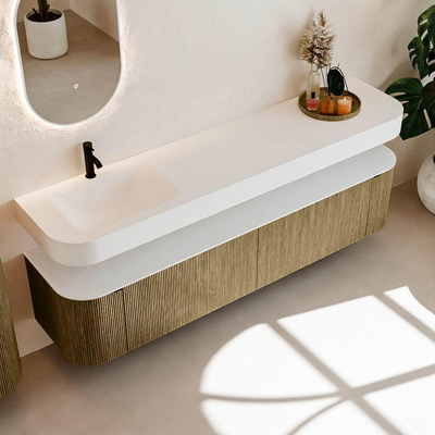 MONDIAZ THOR Meuble de salle de bains 200cm arrondi gauche + droite couleur Dusk avec 2 tiroirs et 2 portes. Vasque suspendue CLOUD Gauche 1 trou de robinet couleur Talc.