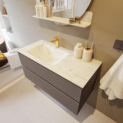 Mondiaz VICA-DLUX Ensemble de meuble de salle de bain - 100cm - meuble sous-vasque fumée - 2 tiroirs - lavabo encastré nuage gauche - 1 trou de robinet - version haute 60cm - opalo