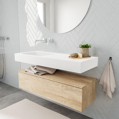MONDIAZ ALAN 120cm - meuble bas - chêne lavé - 1 tiroir - lavabo suspendu - vasque à gauche - 0 trous de robinet - talc