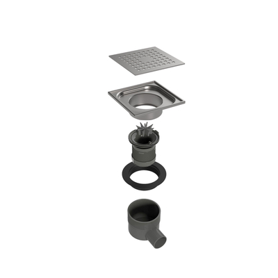 Easy Drain Aqua Plus Quattro siphon de sol avec finition en acier inoxydable avec grille en acier inoxydable et sortie latérale 15x15cm profondeur d’installation 73 106mm garde d’eau 50 à 25mm