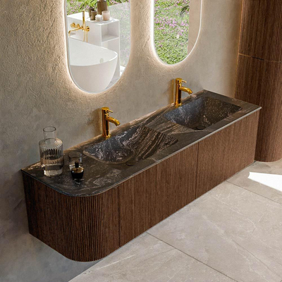 MONDIAZ KURVE-DLUX 155cm badmeubel met module 25 L kleur Walnut met 2 lades en 1 deur. Wastafel LEAF dubbel / rechts 2 kraangaten kleur Lava.