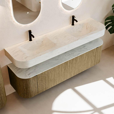 MONDIAZ THOR-DLUX Meuble de salle de bains 170cm arrondi gauche + droite couleur Dusk avec 1 tiroir et 2 portes. Vasque suspendue CLOUD Double 2 trous de robinet couleur Opalo.