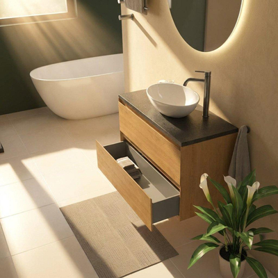 Saniclass Holz Pure Ensemble de meubles de salle de bains - 100x45x63cm - Plan vasque en basalte Noche poli (noir) - 1 trou de robinet - 2 tiroirs - chêne natural mat (bois)