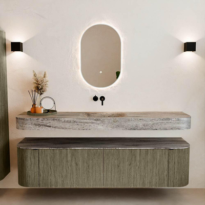 MONDIAZ THOR-DLUX 180cm meuble de salle de bains arrondi gauche + droite couleur Shadow avec 2 tiroirs et 2 portes. Vasque suspendue CLOUD Centre sans trou de robinet couleur Oza.