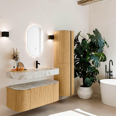 MONDIAZ THOR-DLUX 110cm badmeubel ronding links + rechts kleur Oak met 1 lade en 2 deuren. Vrijhangende wastafel CLOUD Rechts 1 kraangat kleur Glace.