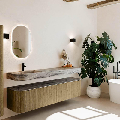 MONDIAZ THOR-DLUX Meuble de salle de bains 190cm arrondi gauche + droite couleur Dusk avec 2 tiroirs et 2 portes. Vasque suspendue CLOUD Gauche 1 trou de robinet couleur Sombra.