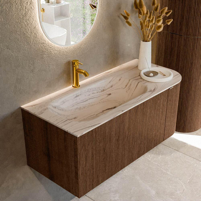 MONDIAZ KURVE-DLUX Meuble de salle de bains 105cm arrondi à droite couleur Walnut avec 1 tiroir et 1 porte. Lavabo BIG SMALL à gauche 1 trou de robinet Nata.