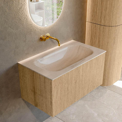 MONDIAZ KURVE-DLUX Meuble de salle de bains 80cm couleur Oak avec 1 tiroir et 0 porte. Lavabo BIG SMALL Central sans trou de robinet Meli.