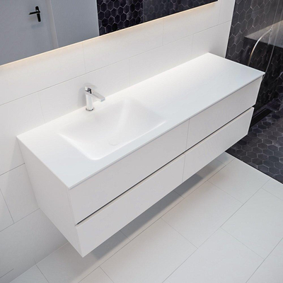 MONDIAZ VICA Ensemble de meuble salle de bain - 150cm - 4 tiroirs - lavabo Cloud gauche - 1 trou de robinet - solid surface talc