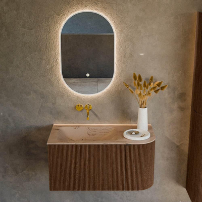 MONDIAZ KURVE-DLUX Meuble de salle de bains 85cm arrondi à droite couleur Walnut avec 1 tiroir et 1 porte. Lavabo CLOUD à gauche sans trou de robinet Arena.