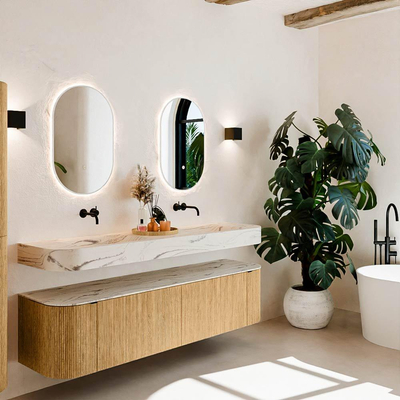 MONDIAZ THOR-DLUX 180cm meuble de salle de bains arrondi gauche + droite couleur Oak avec 2 tiroirs et 2 portes. Vasque suspendue CLOUD Double sans trou de robinet couleur Nata.