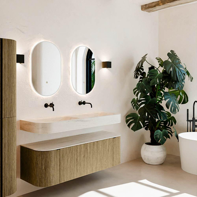 MONDIAZ THOR-DLUX 140cm meuble de salle de bains arrondi gauche + droite couleur Dusk avec 1 tiroir et 2 portes. Vasque suspendue CLOUD Double sans trou de robinet couleur Meli.