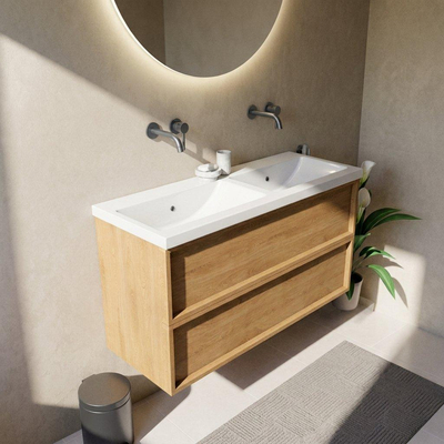 Saniclass Holz Frame Ensemble meuble de salle de bains - 120x45x63.5cm - Lavabo Bari en céramique blanc - 2 vasques - sans trous de robinet - 2 tiroirs - chêne natural mat (bois)