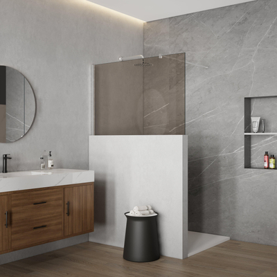 Fortifura Galeria Douche à l'italienne mi-hauteur - 110x80cm - verre fumé - 8mm - nano - avec profil et barre de renfort - Chrome