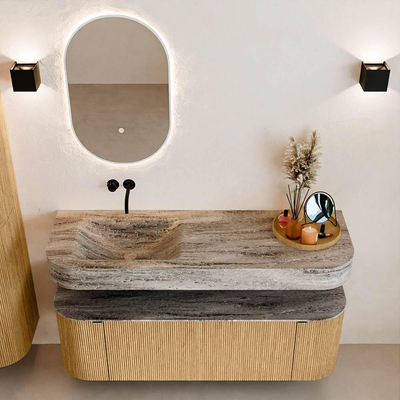 MONDIAZ THOR-DLUX 140cm badmeubel ronding links + rechts kleur Oak met 1 lade en 2 deuren. Vrijhangende wastafel CLOUD Links zonder kraangat kleur Oza.